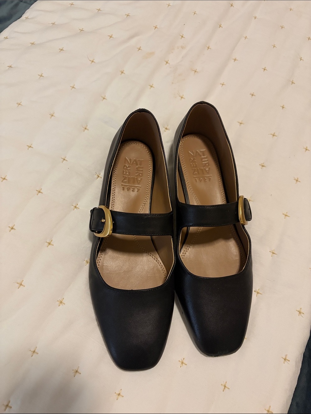 Naturalizer Black Mary Jane Flats with Gold Buckle Accent